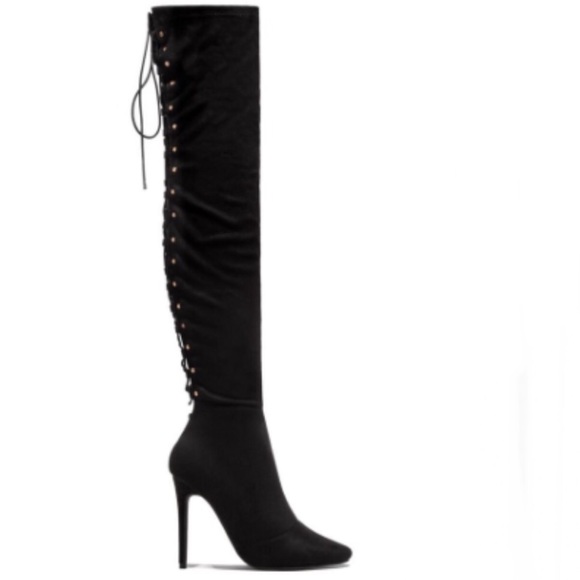 Stretchy Over the Knee Lace Up Boots in Black - Picture 3 of 16